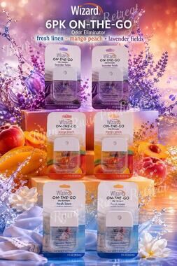 6 PK WIZARD ON-THE-GO Odor Eliminator MANGO, FRESH LINEN & LAVENDER